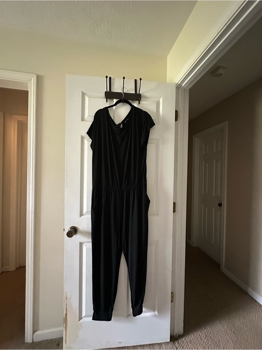 Black Short-Sleeve V-Neck Jumpsuit with Elastic Waist